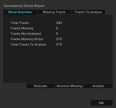 Managing Your Track Collection Consistency Check Report dialog. Tabs: Selects the individual tab with detailed information about the Consistency Check Report.