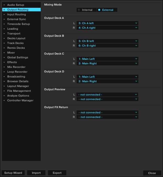 Preferences Preferences Output Routing page with External Mixing Mode selected. Output Deck A/B/C/D: Selects an output pair for each Deck. The options depend on your audio interface.