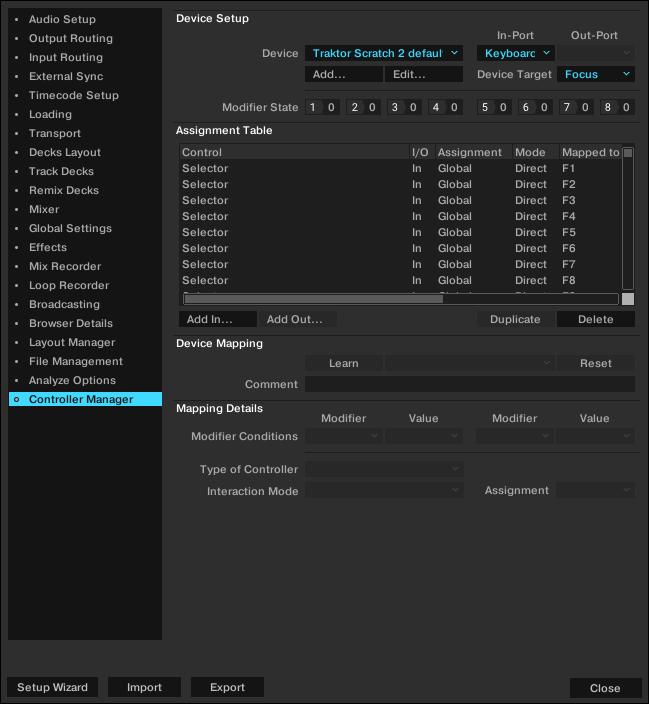 Preferences 16.22. Preferences Controller Manager Page The Controller Manager page unifies all of TRAKTOR's MIDI and Keyboard Mappings, as well as MIDI setup in one preference page.