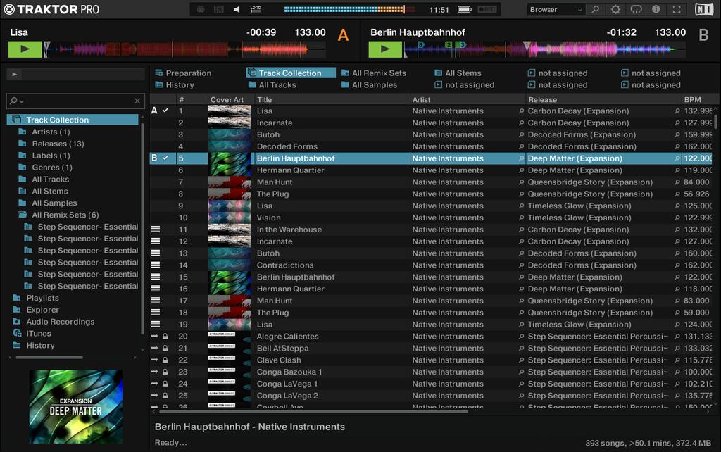 Setting Up TRAKTOR 5.4.3. TRAKTOR Layout Browser The Browser layout shows a maximized view on the browser and a minimized view on the decks. The mixer is not visible in the this TRAKTOR layout.