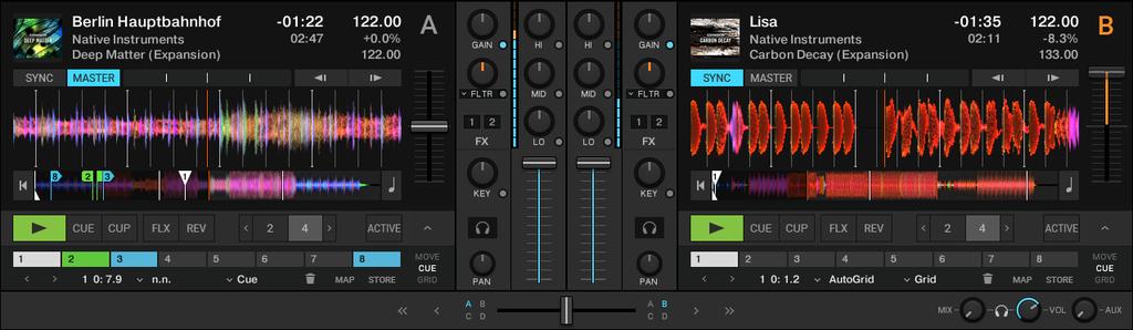 5.5. Deck Layout Advanced When using the deck layout Advanced, you will see the following information and deck controls: Waveform Stripe Advanced Panel
