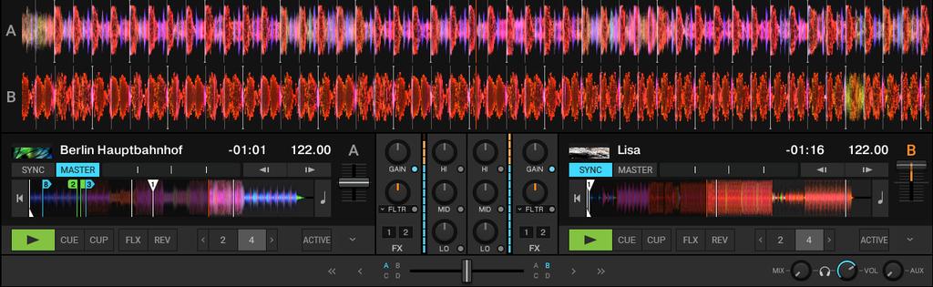 Setting Up TRAKTOR Stacked waveforms of deck A and B above the decks.
