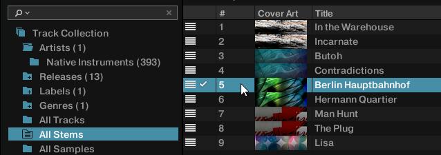 Advanced Usage Tutorials 1. In the Browser navigate to Track Collection > All Stems. 2. Select a STEM File from the Track List. 3. Drag and drop the STEM File into the desired Deck.