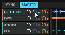 Advanced Usage Tutorials 1. In any STEM Channel, click the Filter button to activate the Filter effect. 2. Drag the respective Filter knob up or down to change the Filter FX amount.