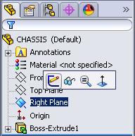 C. Save as "CHASSIS". Step 1. Click File Menu > Save As. Step 2. Key-in CHASSIS for filename and press ENTER. D. Axle Holes. Step 1. Click Right Plane in the Feature Manager and click Sketch from the Content toolbar, Fig.