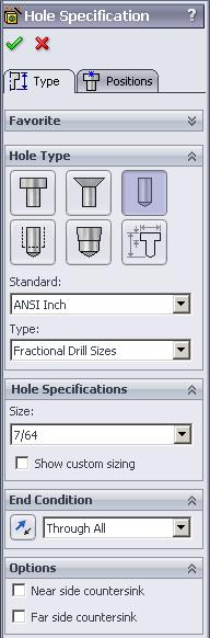 Click Hole Wizard Step 3. In the Property Manager, on the Type tab set: under Hole Type: click Hole, Fig.