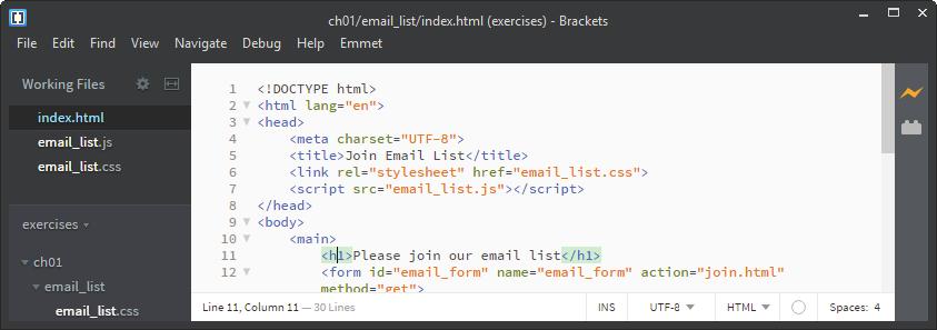 How to use Brackets to develop JavaScript applications 23 The Live Preview icon Live Preview icon The Chrome browser with the selected h1 element highlighted Description To preview an application,