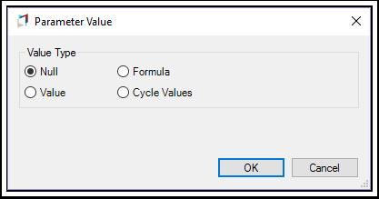 The Parameter Value window has the below listed options. Null Formula Value Cycle Values These options can be used to automate the generation of reports based on the selections made.