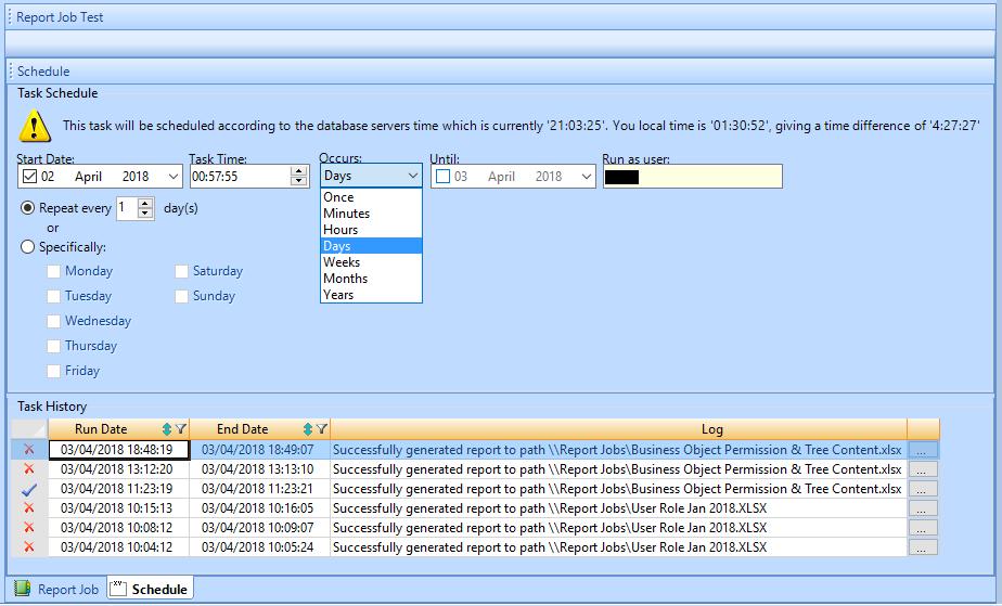 The fields available for selection in the Task Schedule panel vary with selections made in the Occurs dropdown list box.