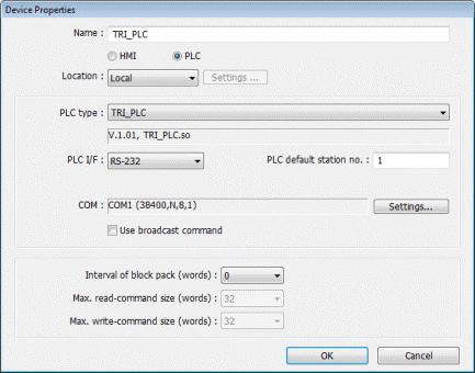 : 1 this is the default PLC ID COM: COM1 (38400, N, 8, 1) these are the default com settings in the PLC Everything else can be left as the default.