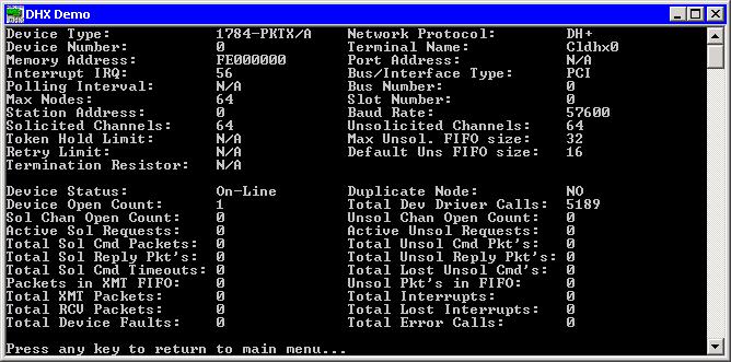 This screen shows configuration, statistical and diagnostic information about the driver, the device and the network. After viewing the information, press Esc to return to the main menu.