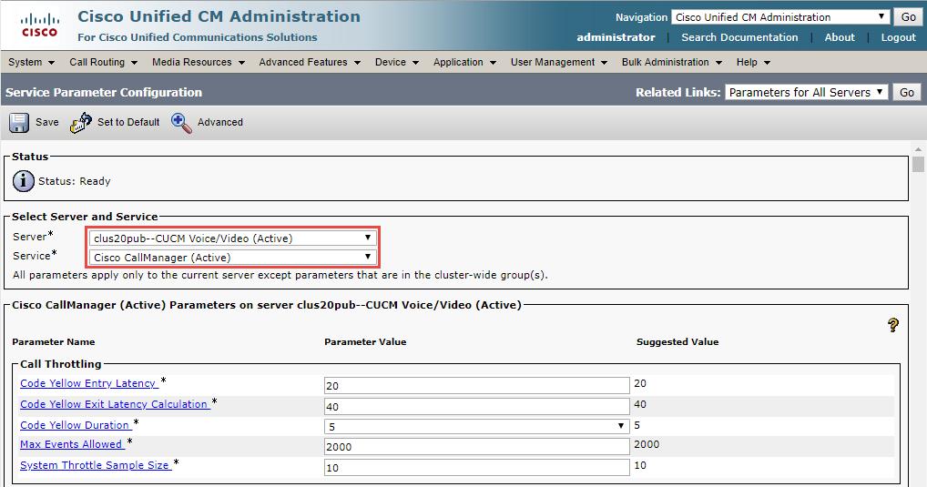 Cisco Call Manager Service Parameters Navigation: System Service Parameters Select Server* = Clus20pub--CUCM Voice/Video (Active) Select Service*= Cisco CallManager (Active) All other fields are set