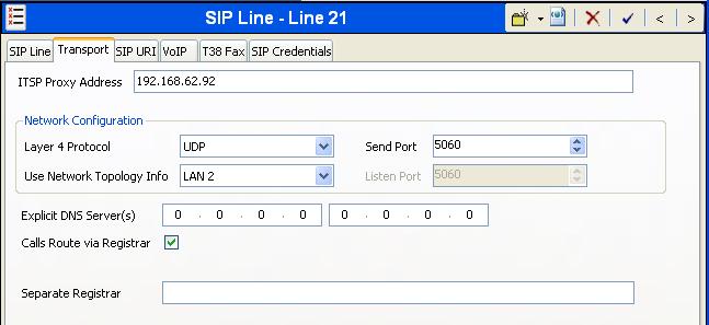 5.4.2. SIP Line - Transport Tab Select the Transport tab. Set the parameters as shown below. Set ITSP Proxy Address to the IP address of the Accelerated Connections SIP proxy.