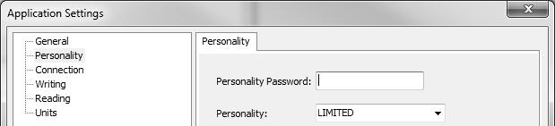 3.4.5.1.2. Personality (DevCS 1.6.0.0 and Earlier) Figure 31: Personality Panel The Personality window is Password protected. The default user personality is LIMITED.
