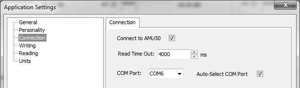 3.4.5.1.4. Connection Figure 33: Connection Panel The Connection window has a check box to allow connection to an AMU50, and is used to set the Read Time Out duration (in ms) and select the COM Port.