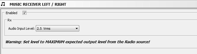 Audio Input Level: This field allows the maximum rated output of the music source