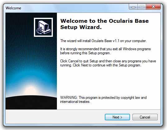 The Ocularis Base Setup Wizard screen appears. 6. Click Next. Figure 5 Ocularis Base Setup Wizard 7.