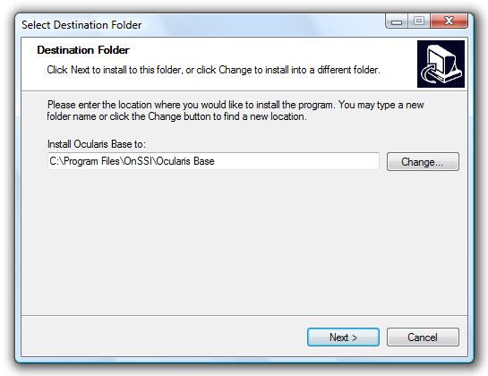 Installing Ocularis Base Figure 10 Select Destination Folder for Ocularis Base You may leave the default directory path as is or change it if necessary according to your