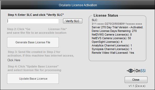 Licensing Ocularis Base Figure 14 Ocularis Licensing Status is displayed (sample) 5. If the Ocularis Base installation is for a Demo version, click Close. The activation is complete.