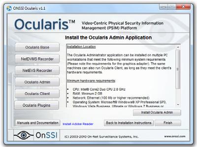 Installing Ocularis Administrator Figure 19 Install the Ocularis Administrator Application Screen Read the installation instructions and when ready, click the Install Ocularis Admin button. 5.