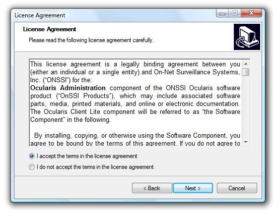 Installing Ocularis Administrator 9. Click Next. Figure 21 Ocularis Administrator Setup Wizard 10. The License Agreement appears. Please read, click the I accept.