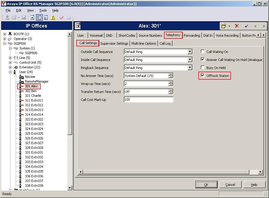 4.3. Administer Telephony Options From the configuration tree in the left pane, expand Users and select a user that will be using AdvaTel InTouch, in this case 301.