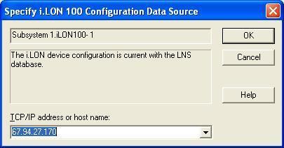 4. Enter the IP address of the i.lon 100 server in the TCP/IP Address field. If you have configured the i.lon 100 to use a port other than 80, you must also specify the port (i.e. 192.168.1.222:8080).