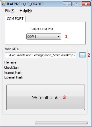 The window below should appear: 1. Select the appropriate COM port. 2.