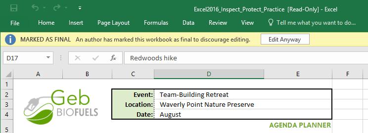 Marking a workbook as final will not prevent others from editing it. If you want to prevent people from editing it, you can use the Restrict Access option instead. 1 Open our practice workbook.