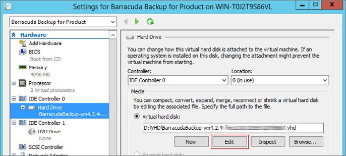 Expand Vx Capacity for Hyper-V 1. With the Barracuda virtual appliance powered oﬀ, right-click the appliance, and click Settings. 2.