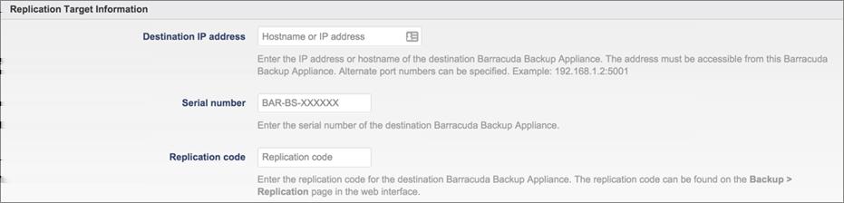 the Backup > Replication > Add Target page using the destination IP address, serial number, and