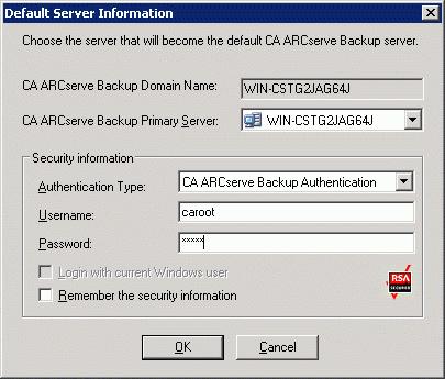 CA ARCserve Backup Preparing the Media Launch the CA ARCserve backup Manager. Choose CA ARCserve backup Primary Server and Authentification Type.