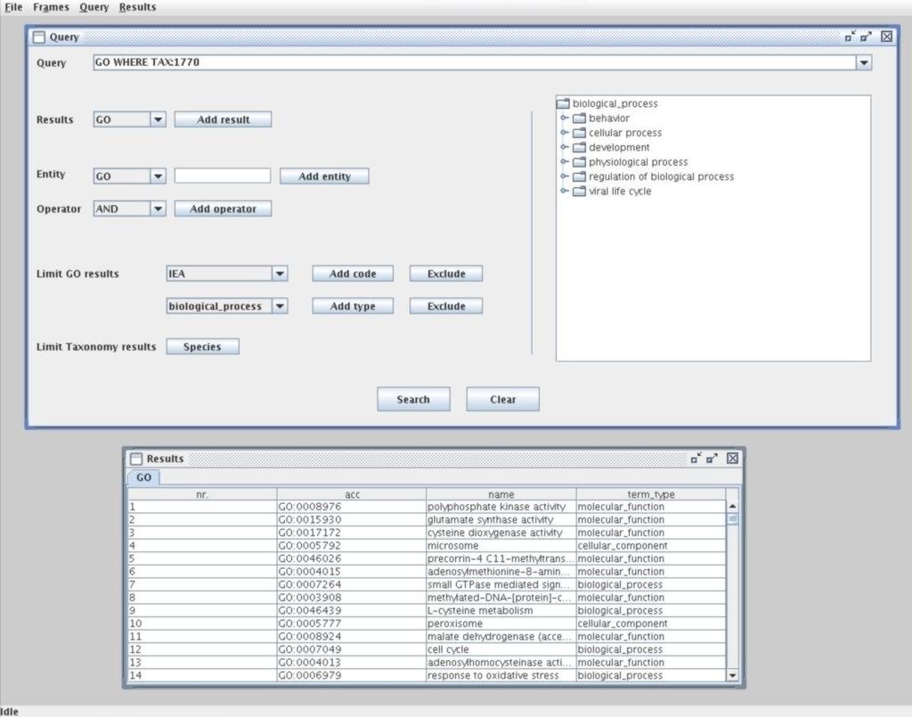 36 CHAPTER 4. IMPLEMENTATION Figure 4.2: Main window of GOTaxExplorer with query and result frame visible. of the query and to insert the rest manually.