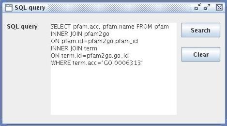 The "search" button at the bottom submits the query and the "clear" button deletes the query and resets the query frame. The SQL query frame is shown after entering the SQL mode through the menu.