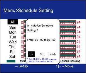 NO: Go to next schedule setting without saving the current interval Schedule setting order: 1. All > Motion All > Continuous (end) 2.