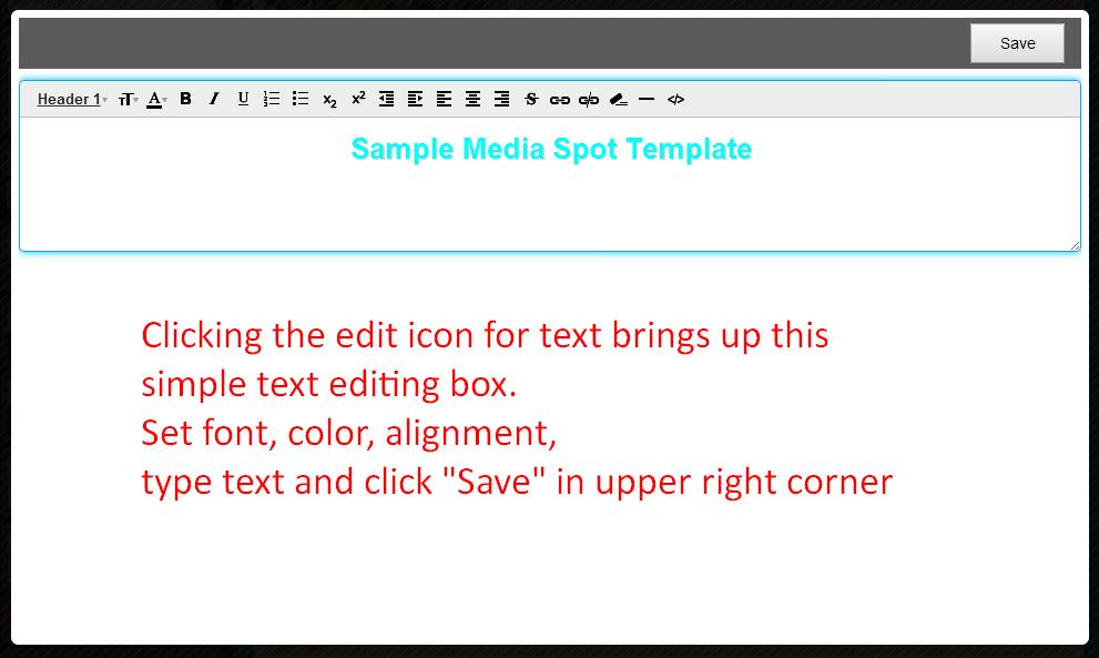 Clicking the pencil icon next to a text box brings up this simple text editing toolbox. Add your text and format it as desired. Note that you can add links to other URL s by clicking the link icon.