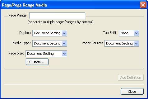 COMMAND WORKSTATION, WINDOWS EDITION 26 TO DEFINE MEDIA FOR SPECIFIC PAGES 1 In the Mixed Media dialog box, click New Page Range. The Page/Page Range Media dialog box appears.