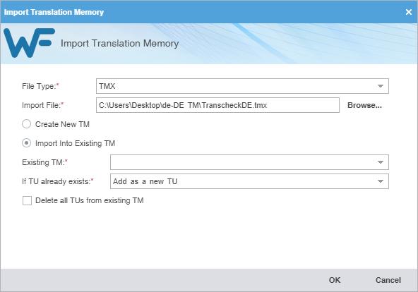 7. Leverage TMs Import a Local TM To use a local translation memory (TM) from another linguist, use the Import TM action. To import a local TM: 1.