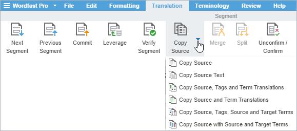 TRANSLATE SEGMENTS Copy Source Content To copy source content to the target: 1. In TXLF and on the Translation tab, select a source segment. 2.