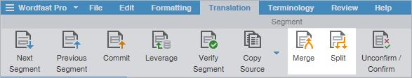 6. Translate or Review Files The segment is merged or split and the segment Status column contains either merge includes