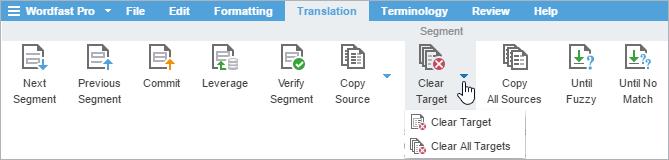 6. Translate or Review Files TRANSLATE SEGMENTS Clear Target Segments To clear target segments: 1. In TXLF and on the Translation tab, select a target segment. 2. Click Clear Target. 3.