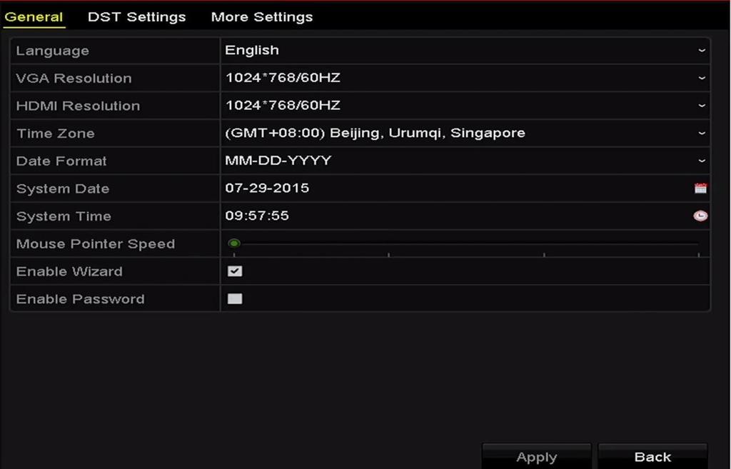 Resolution: You can configure the VGA resolution and HDMI resolution. And up to 4K (3840 2160) resolution is selectable for the HDMI output. Time Zone: Select the time zone.