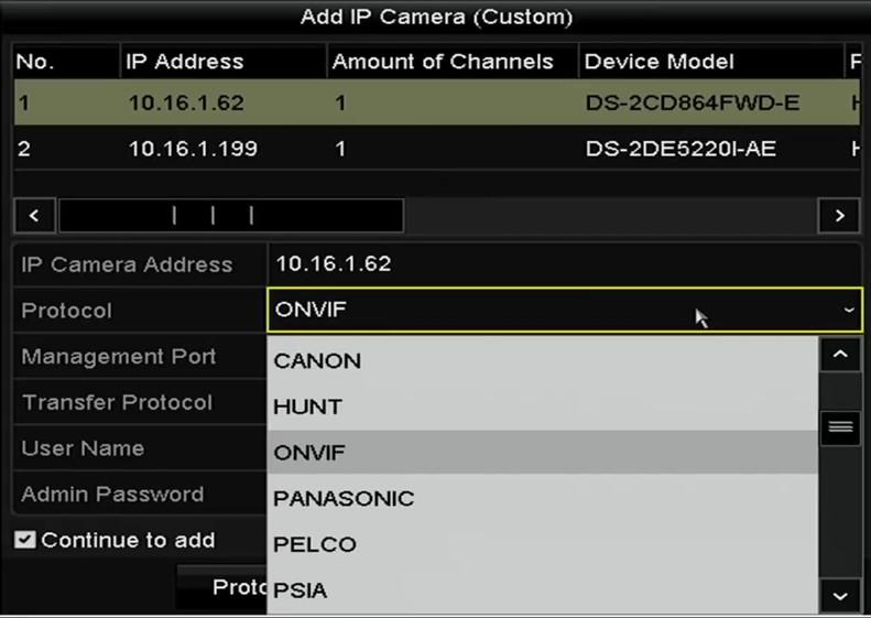 Figure 2. 27 Protocol Setting 3. Choose the protocols you just added to validate the connection of the network camera. 2.5.
