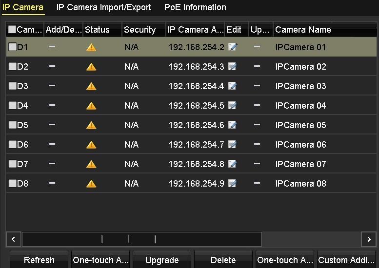 Figure 2. 28 List of Connected Cameras The cameras connecting to the PoE interface cannot be deleted in this menu. 2. Click the button, and select the Adding Method in the drop-down list.