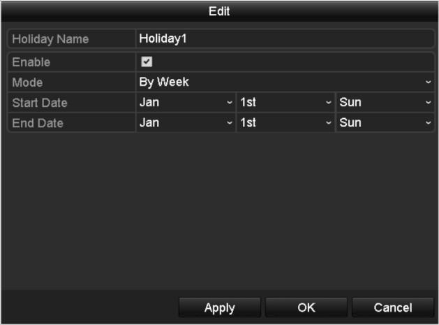 Menu > Record > Holiday Figure 5. 22 Holiday Settings 2. Enable Edit Holiday schedule. 1) Click to enter the Edit interface. Figure 5. 23 Edit Holiday Settings 2) Check the checkbox after Enable Holiday.