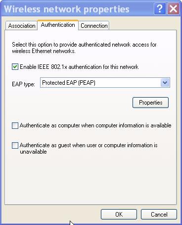 FIGURE 4 Wireless Network Properties Authentication Tab 5. Click on Properties to display the Protected EAP Properties dialog box (Figure 5).
