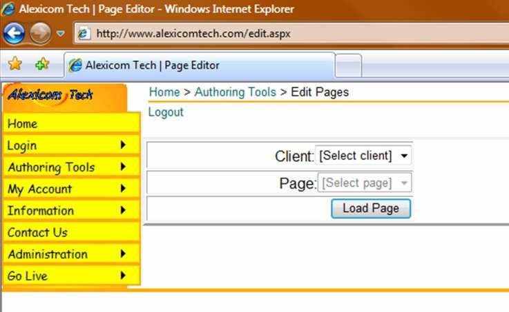 Once you have logged in click on Authoring Tools. You will get a three option menu appear to the right of it. Slide your pointer over to the Edit Pages option and select it by clicking on it.