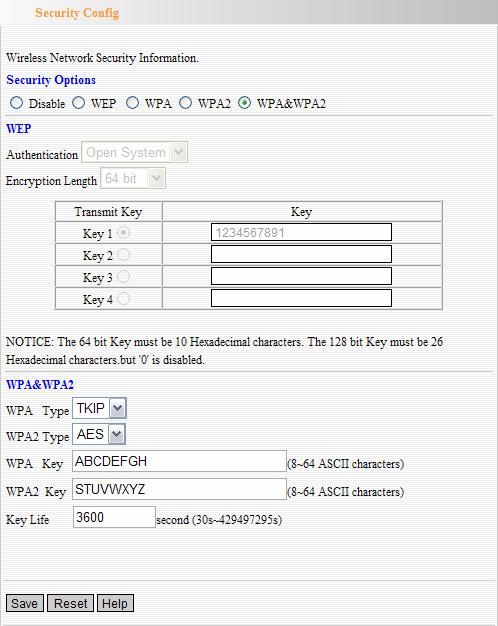 5. WPA&WPA2 mixed setting: When user select WPA&WPA2 mode, WPA&WPA2 goes into effect. a. WPA Type: You can select AES mode or TKIP mode; WPA2 Type: You can select AES. b.