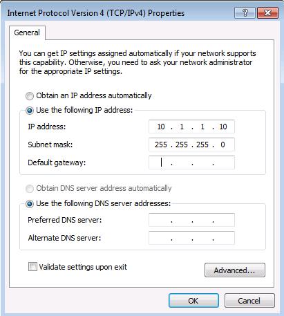 e. Select the Use the following IP address radio button f. Enter an IP address (ideally, the addresses for the 2 PC s should differ only by the 4th number). g. Enter a Subnet mask of 255.