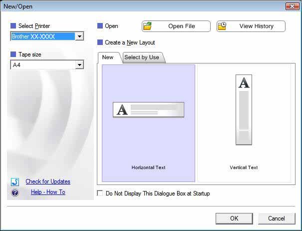 How to Use P-touch Editor b Select an option in the [New/Open] dialogue box and click [OK]. 2 The printer and media size can be selected in this dialogue box.